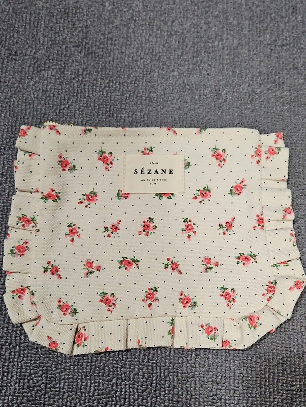 Sézane Floral Ruffle Cosmetic Pouch - Cream with Pink Roses